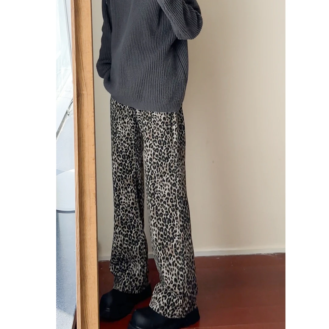 美式复古豹纹牛仔裤宽松直筒阔腿痞帅高级感青少年休闲裤男女夏季