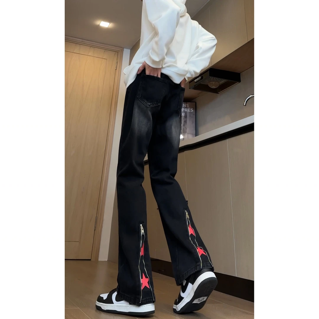 设计感拉链做旧牛仔裤男款秋季美式vibe高街宽松微喇裤水洗微喇裤