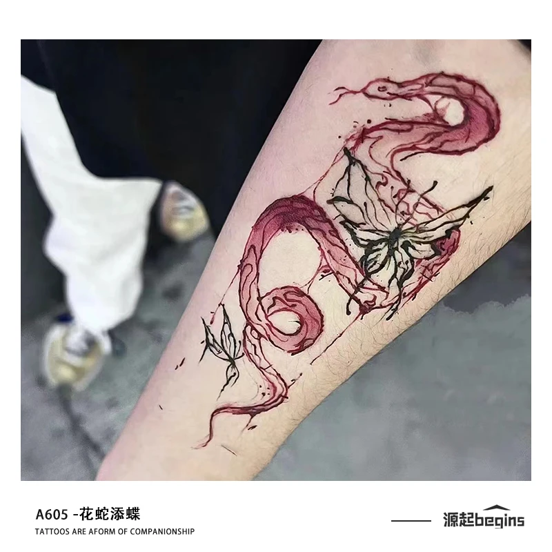 花蛇添蝶 ins彩色蝴蝶纹身贴蛇高颜值大图案霸气逼真花臂潮酷男女