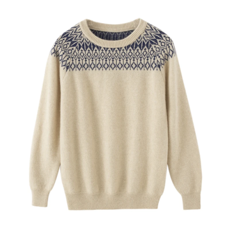 新品100%男士纯山羊绒秋冬加厚新款提花插肩袖针织圆领拼撞色毛衣