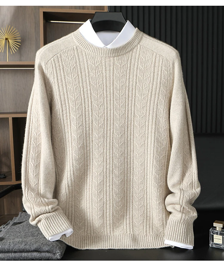 100%男士纯山羊绒双股七针加厚马鞍肩长袖休闲打底百搭套头毛衣