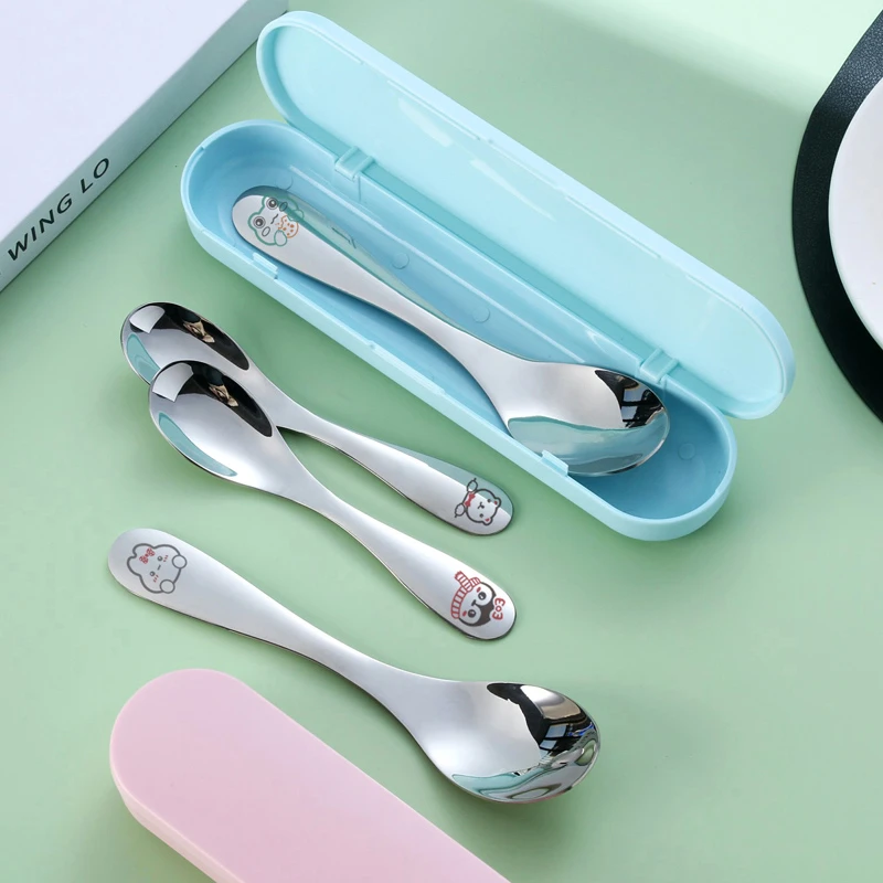 食品级304不锈钢勺子可爱外出儿童餐具小学生野餐高档餐勺收纳盒