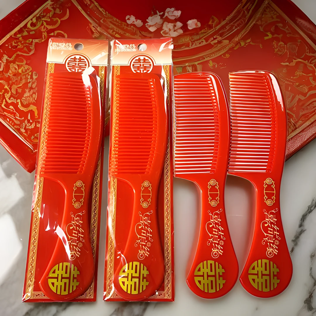梳子结婚一对婚庆粗齿中齿梳子耐用家用红色新款刻字婚礼加厚对梳