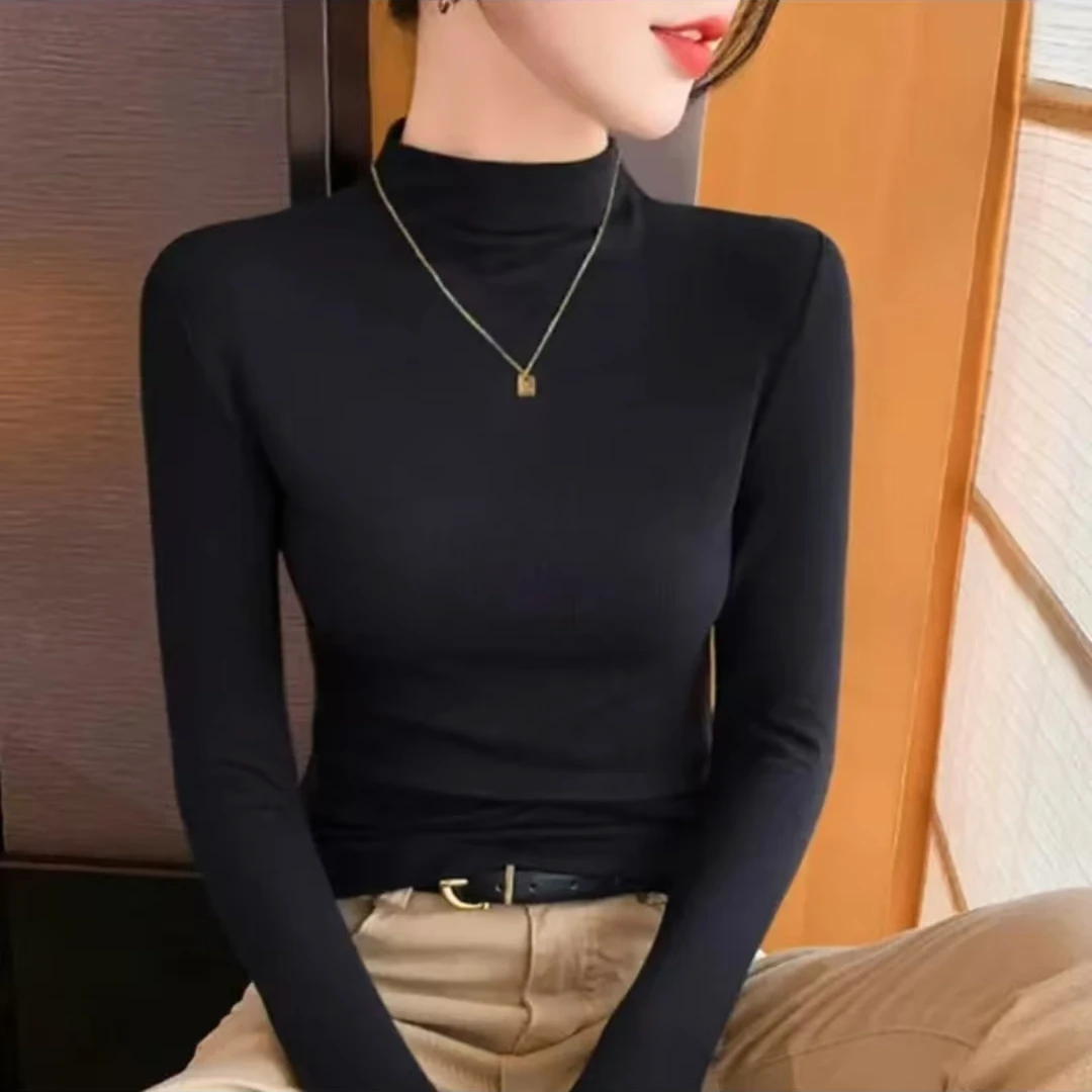 双面德绒高领半高领打底衫女2024秋冬款内搭加厚长袖t恤女上衣服