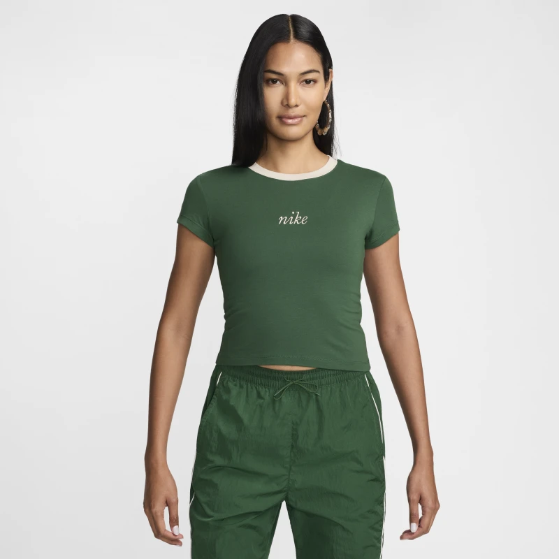 Nike耐克官方女修身短款T恤秋季新款针织休闲刺绣舒适撞色HF8820