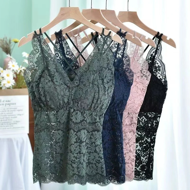 加长款蕾丝美背交叉薄款聚拢外穿打底吊带背心性感女士修身显瘦