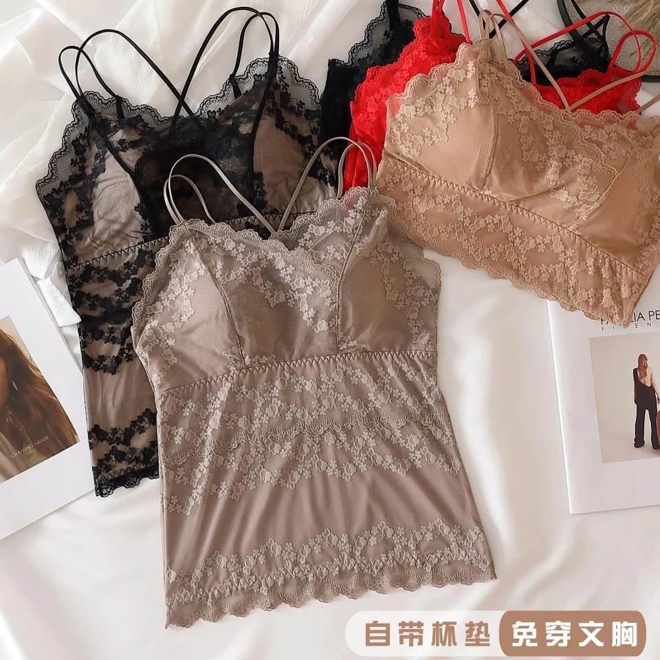 秋季蕾丝加一层莫代尔内衬搭配西装外套带乳胶垫修身显瘦吊带美背