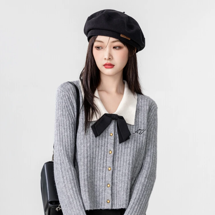 2025春秋新款蝴蝶结灰色毛衣外套女设计感长袖针织开衫小众短上衣