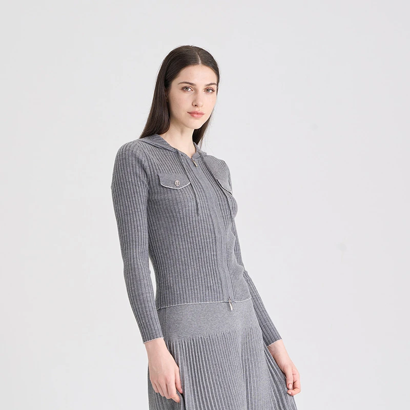 RARE威雅女装灰色连帽罗纹长袖开衫时尚条纹修身显瘦极地灰高弹力