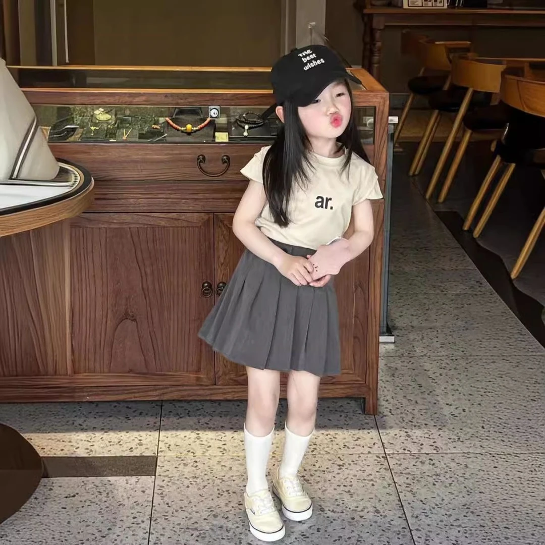2024夏季新款洋气女童美式修身短袖上衣儿童学院风百褶裙套装
