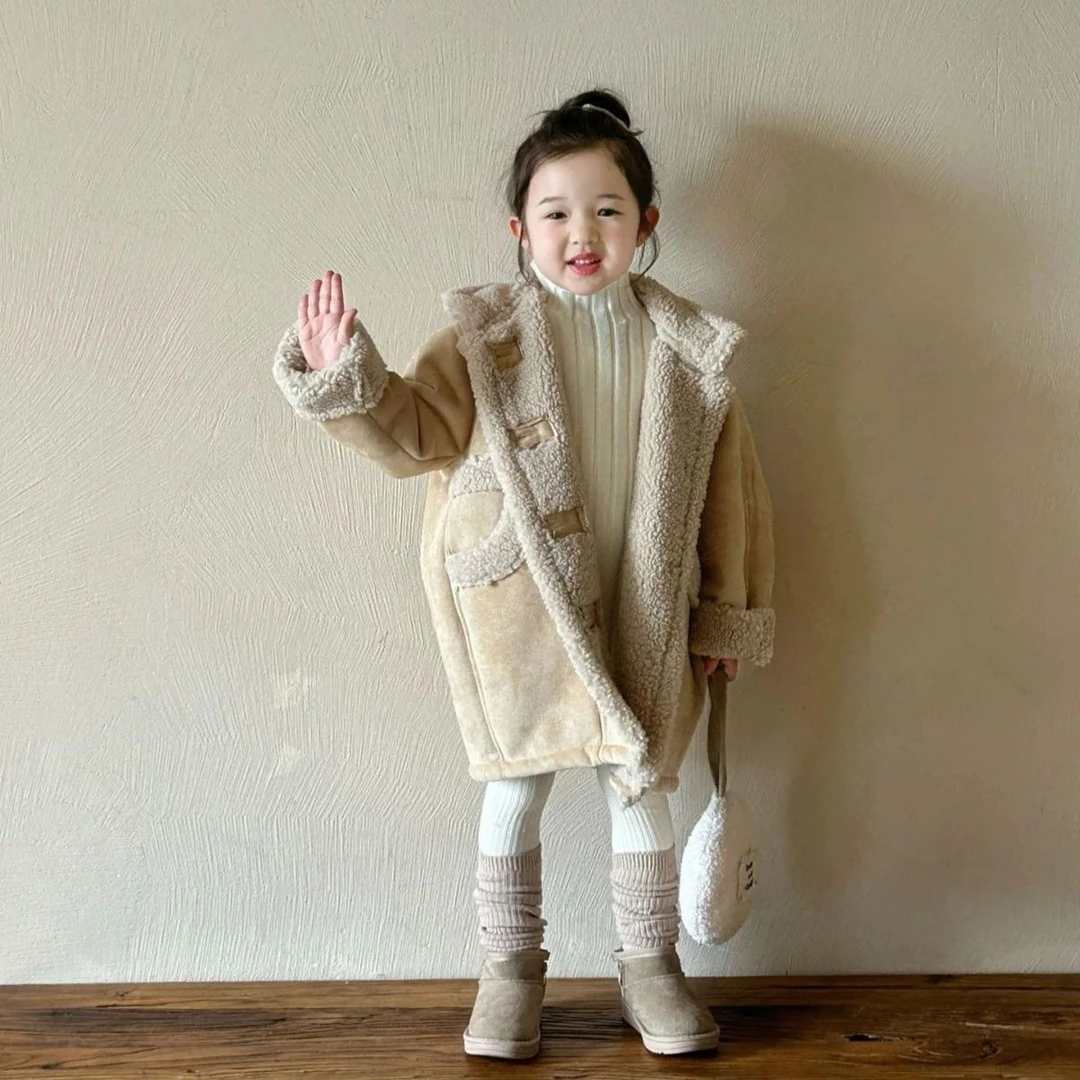 女童冬装加厚羊羔毛麂皮绒中长款大衣2024女宝宝韩版皮毛一体外套