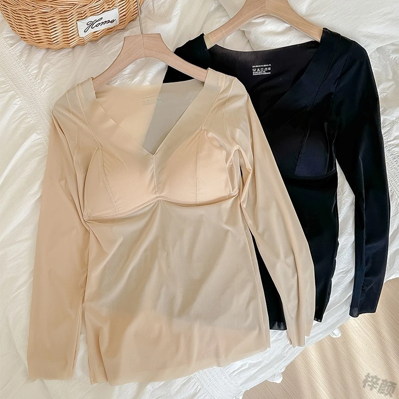肌底保暖长袖轻薄裸感面膜打底内穿无痕秋衣带胸垫隐形上衣修身简