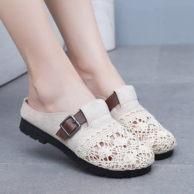 包头半拖鞋女外穿2024新款夏季透气网面镂空凉拖鞋老北京布鞋网鞋