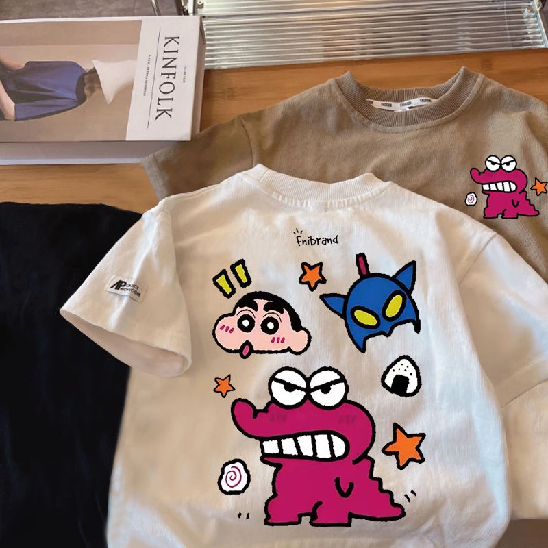 纯棉夏季新款日系卡通蜡笔小新短袖T恤儿童半袖宽松男女宝宝上衣