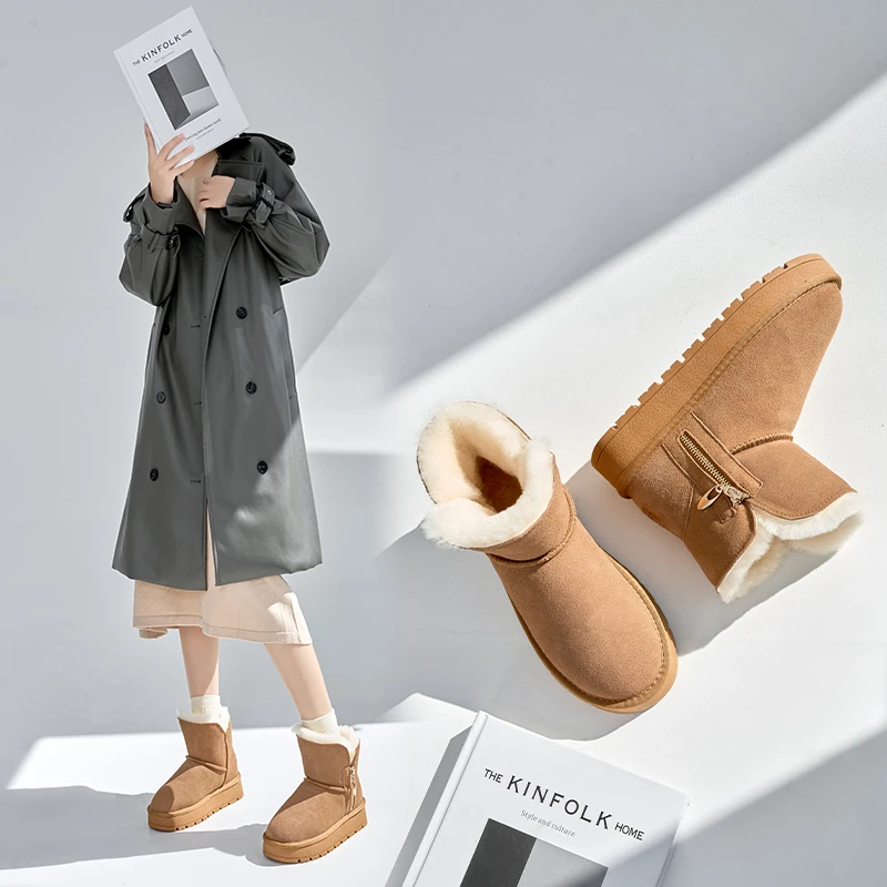 雪地靴女皮毛一体2024新款厚底侧拉链短筒靴超厚抗寒加厚东北棉鞋