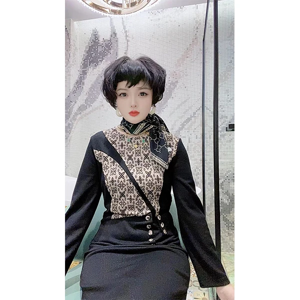 YJ-《梦中女郎》KF078 时尚显瘦气质设计师秋冬拼接连衣裙