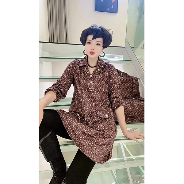 KF087 时尚气质复古法式宽松中长款碎花洋气连衣裙