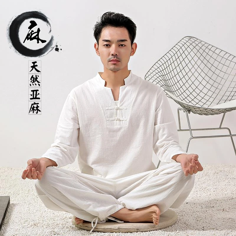 棉麻瑜伽服太极打坐宽松中国风男装茶服居士服禅修服运动服夏套装