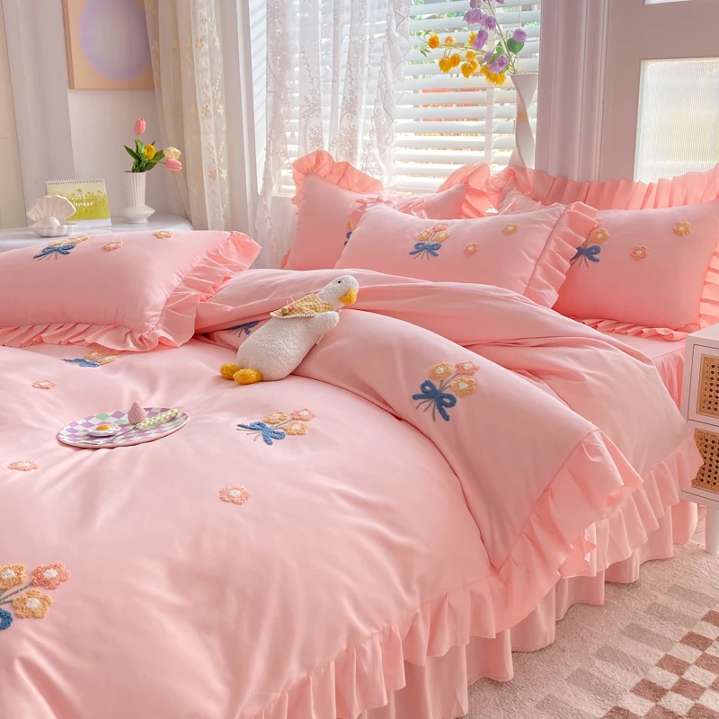 床裙款毛巾绣四件套  四季款磨毛面料