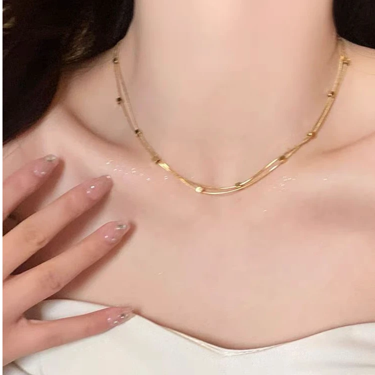 钛钢项链 金色方块双层项链女款锁骨链钛钢项链轻奢小众吊坠颈链