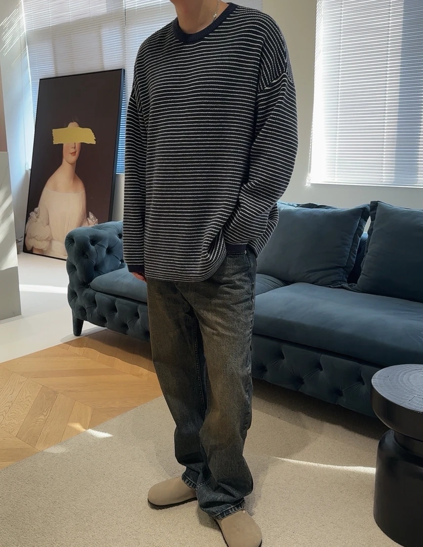 秋冬季 百搭休闲条纹宽松加厚圆领毛衣 可单穿8802