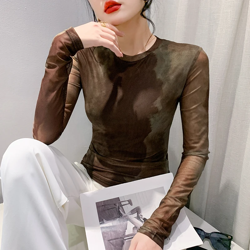 2024秋季新款欧货女晕染印花打底上衣网纱修身套头外穿内搭防晒衫