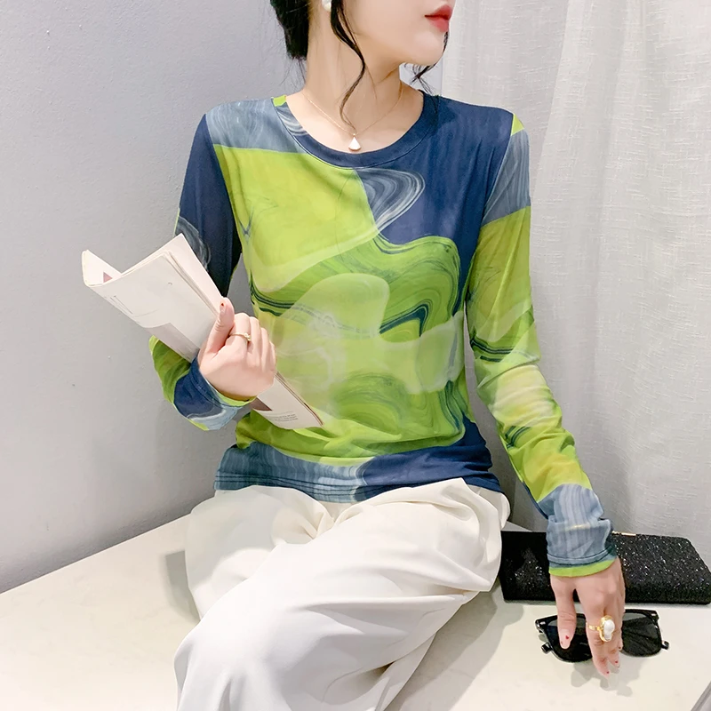圆领高弹网纱T恤女2025秋季晕染时尚气质长袖洋气百搭显瘦打底衫