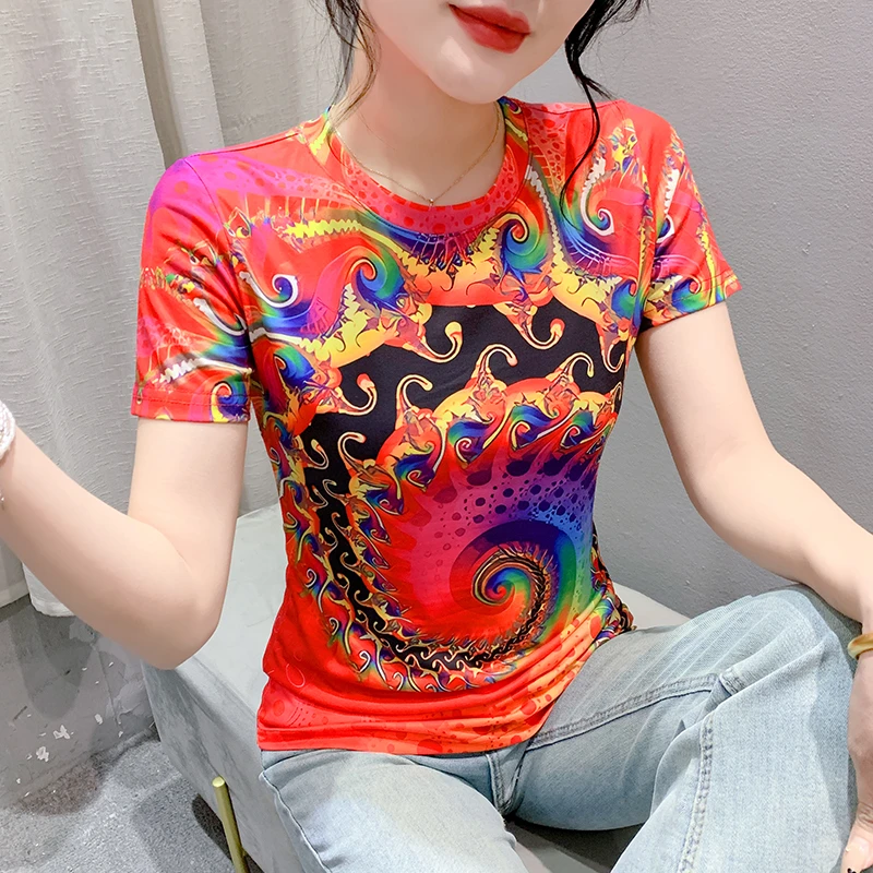 欧货2025夏季大码显瘦时尚定位印花短袖T恤女半袖打底衫修身上衣