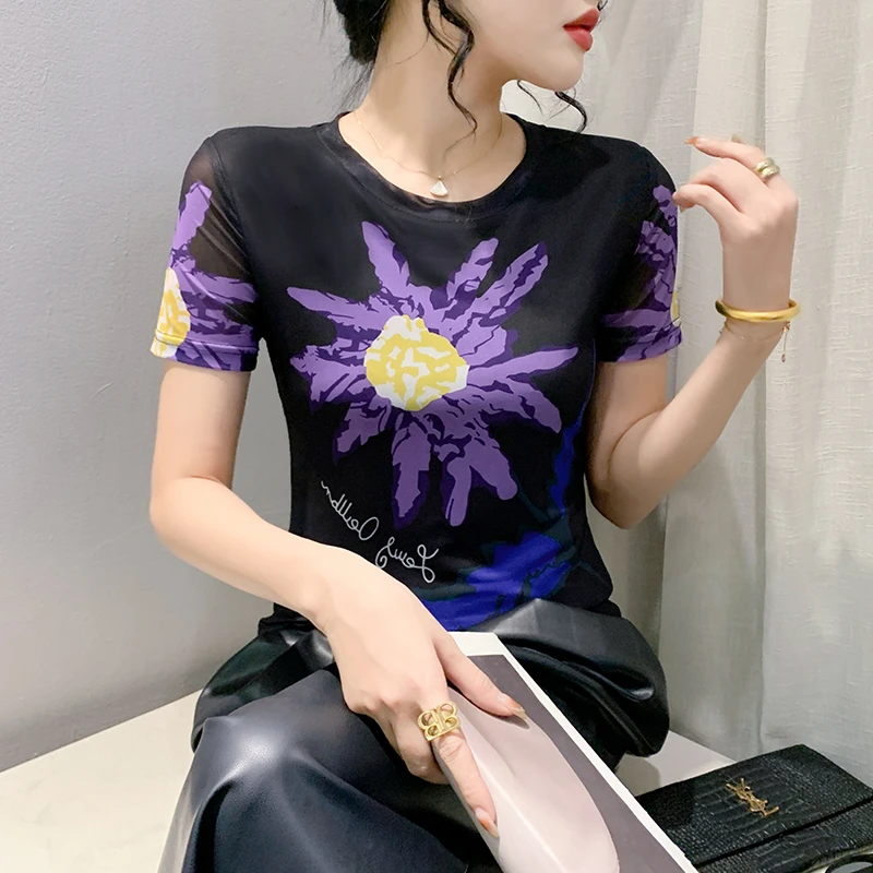 2024夏季百搭气质短袖印花圆领网纱t恤女时尚修身显瘦半袖打底衫