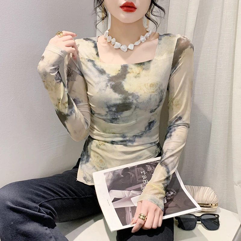 2024春秋季新款修身复古性感时尚晕染褶皱方领长袖T恤女设计感潮