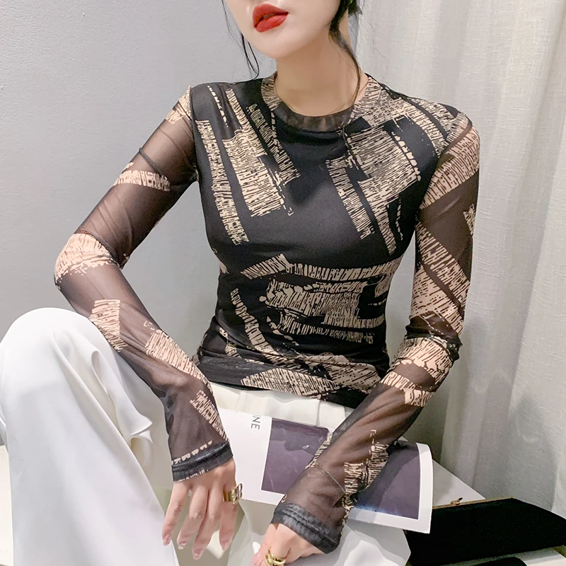 2024秋季新款欧货女印花字母打底上衣网纱修身套头外穿内搭防晒衫