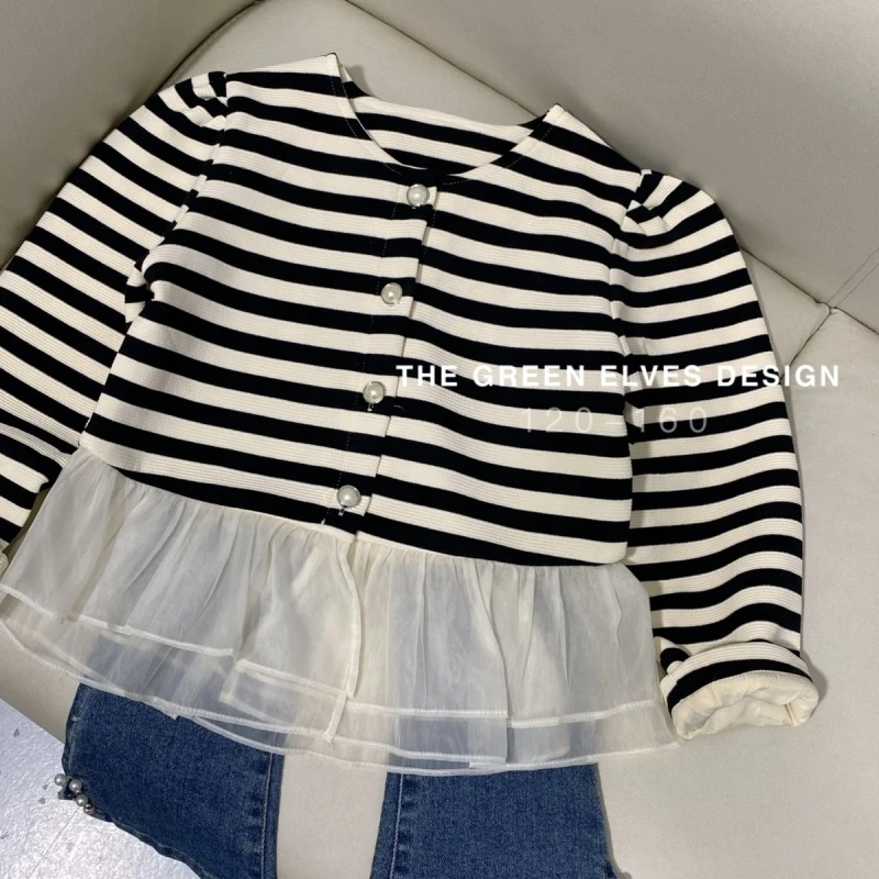 0223AB条纹网纱花边款珍珠扣宝宝开衫5518