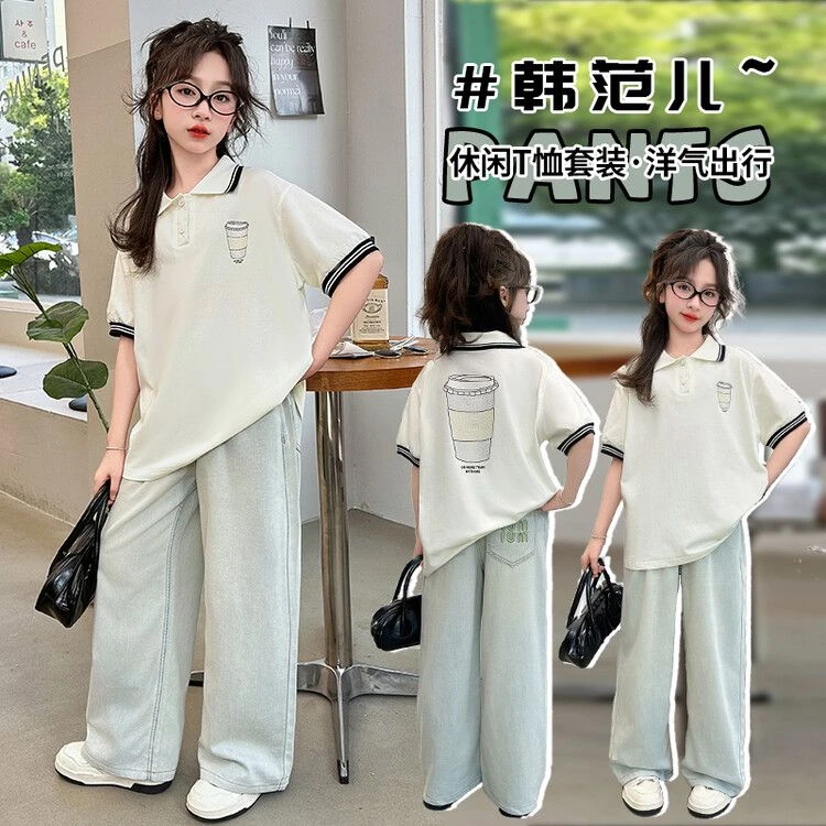 LCXFS【T恤】夏季韩范学院风POLO衫短袖休闲夏款印花女童T恤99090