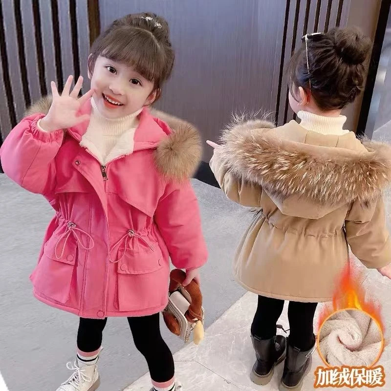 女童外套加绒棉衣冬装洋气女宝宝加厚派克服2023新款儿童外穿棉服