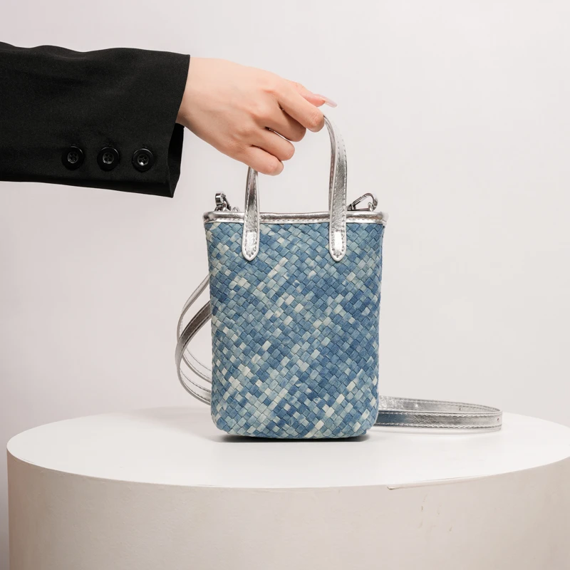 休闲手机包简约时尚大气斜挎包牛仔蓝色百搭女士编织小众单肩肩包