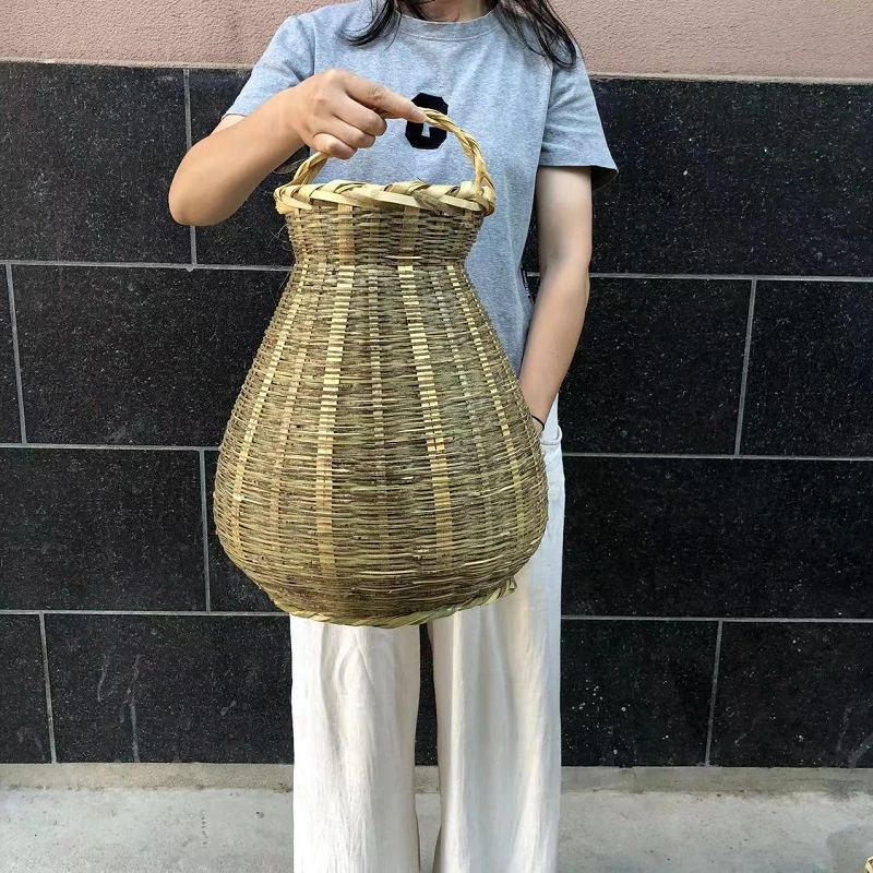 竹编鱼篓青皮头层竹青茶叶篓笆篓户外钓鱼篓摆件挂件儿童跳舞道具