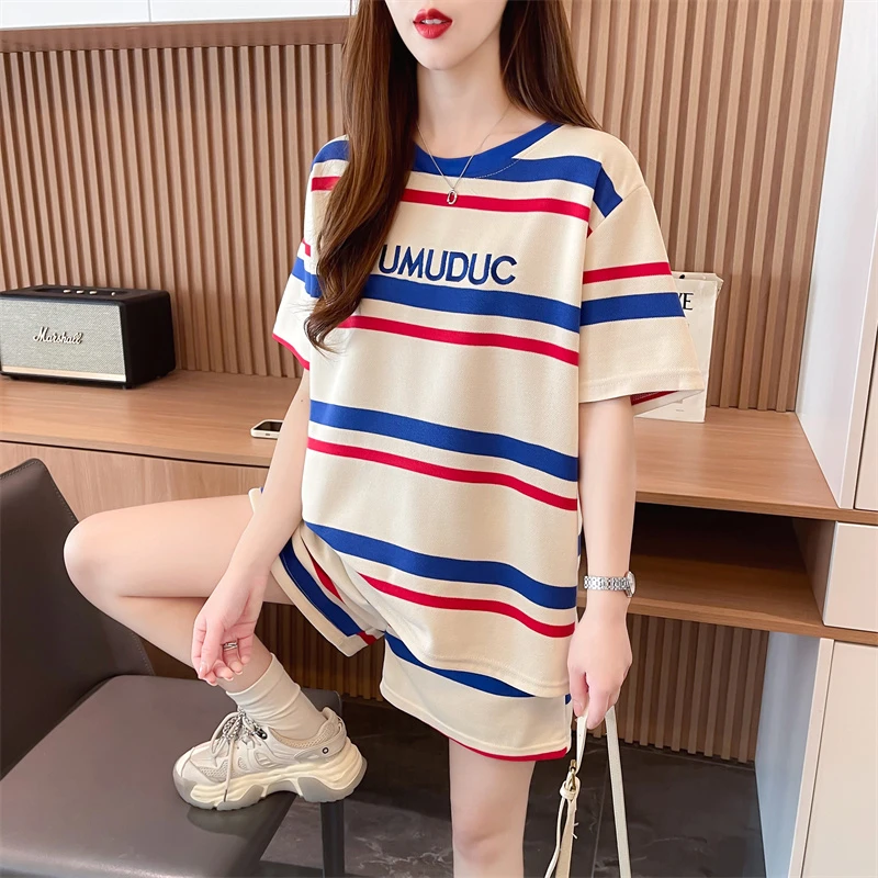 女夏季短袖短裤两件套家居服可外穿2024新款网红休闲条纹运动套装