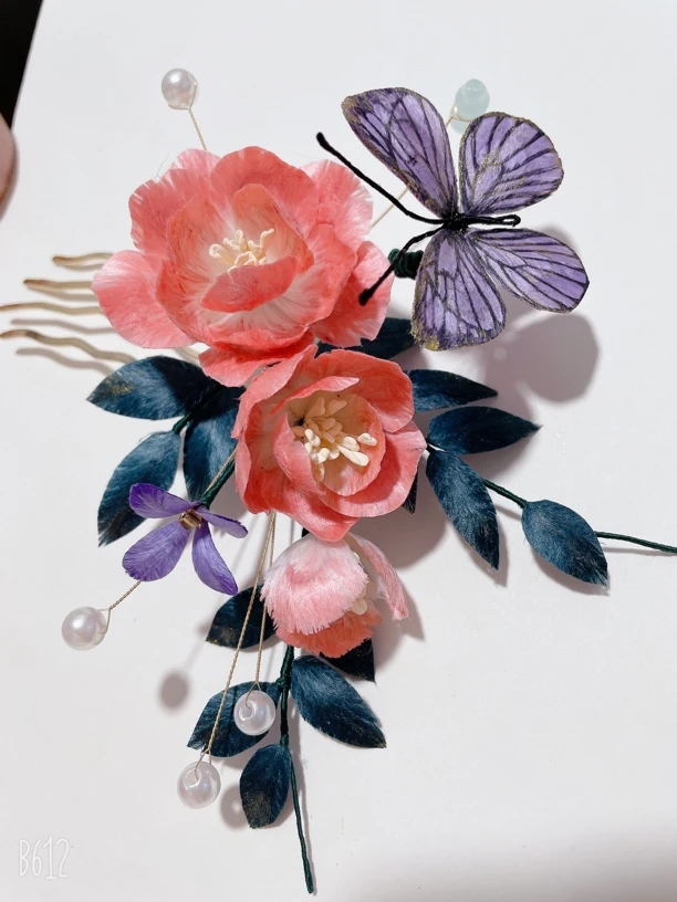 手工绒花发饰桃红色蝴蝶款绒花头饰古风非遗手工