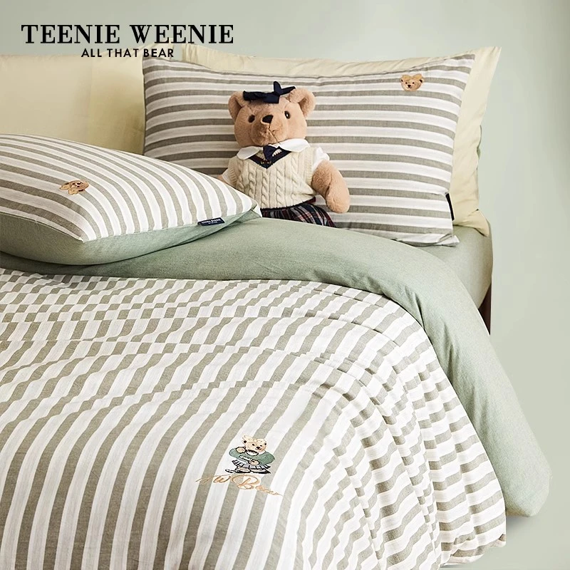 TeenieWeenie小熊全棉刺绣床单四件套纯棉绿色条纹2024新款三件套