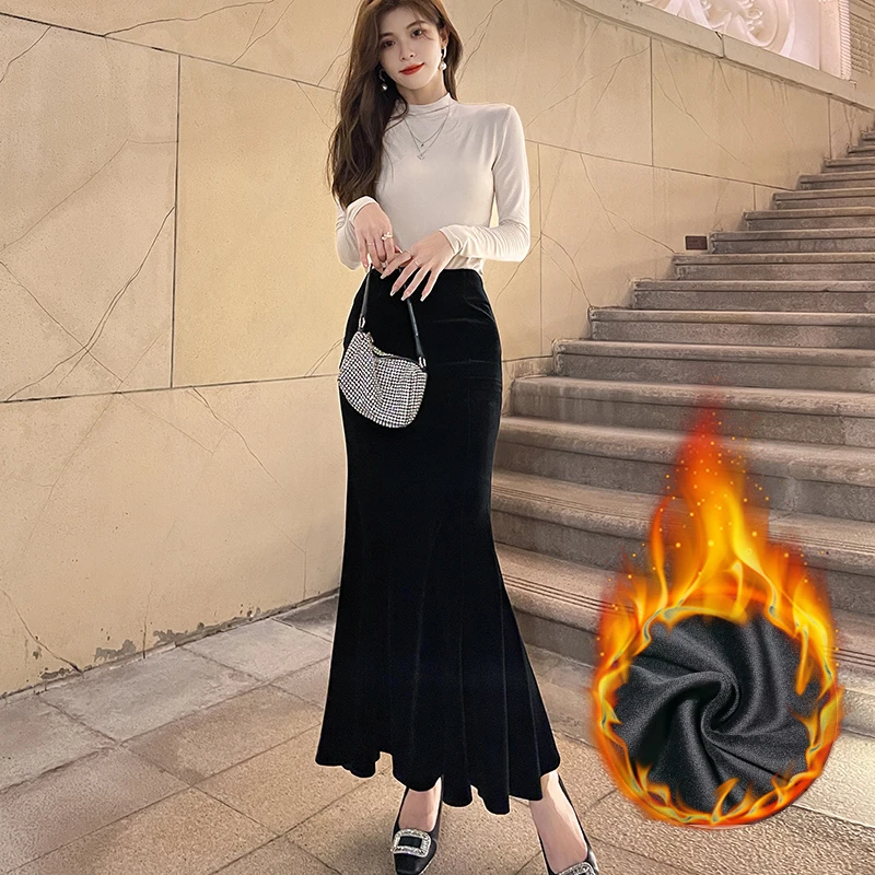 金丝绒半身裙女包臀裙2025秋冬新款高腰a字裙修身显瘦加绒鱼尾裙