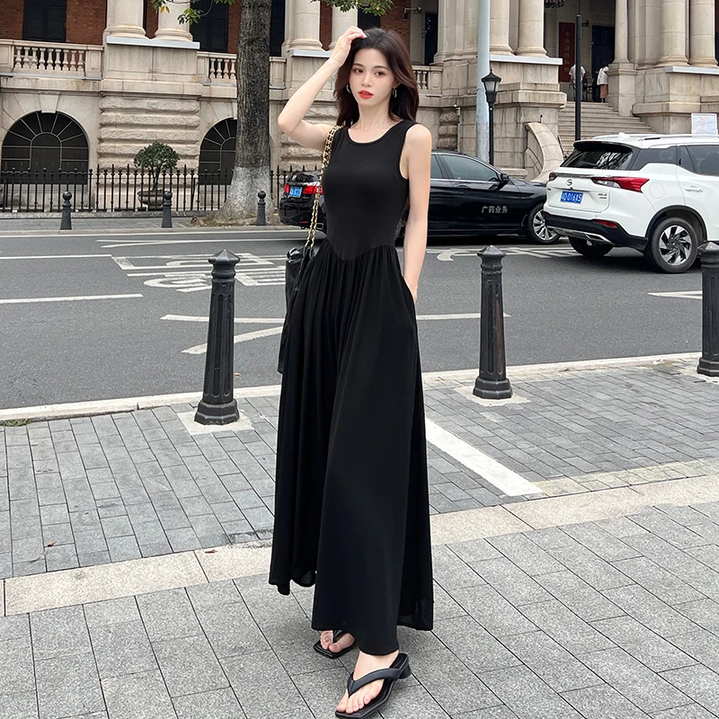 黑色背心连衣裙女2025春夏季收腰显瘦气质无袖拼雪纺长裙吊带裙子