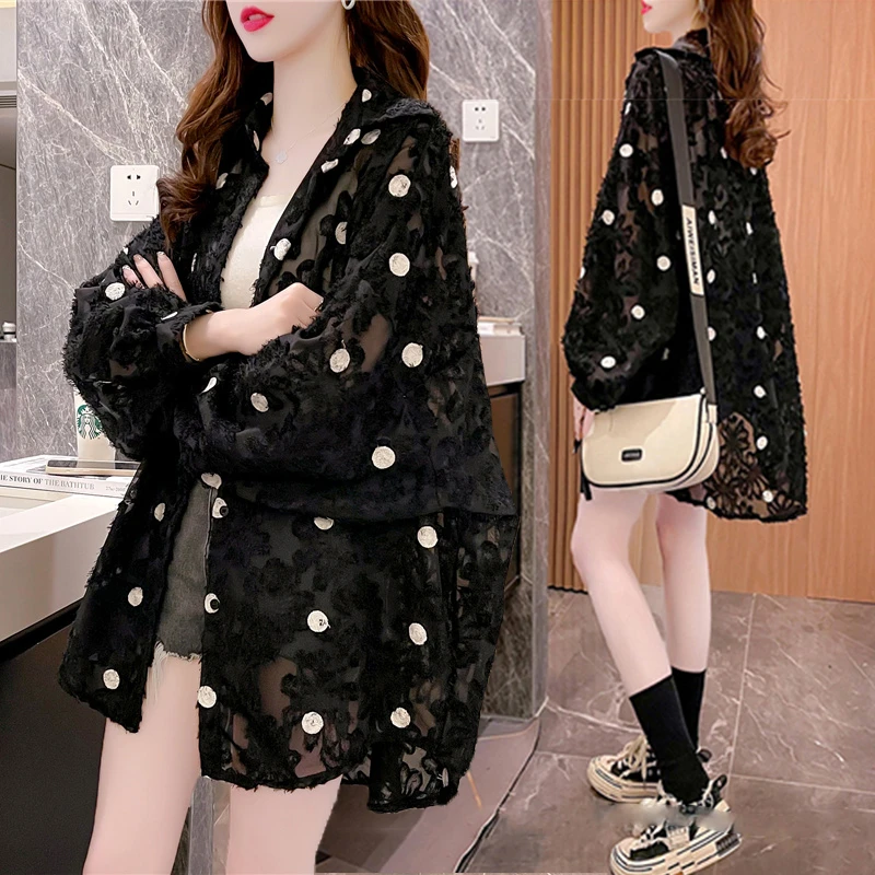 大码女装胖mm波点薄款防晒衬衫夏季新款韩版宽松百搭外穿长袖衬衣