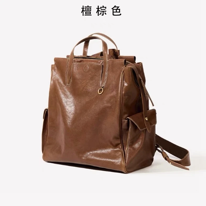 山下「循迹」系列复古植鞣皮双肩手提多功能背包檀棕色