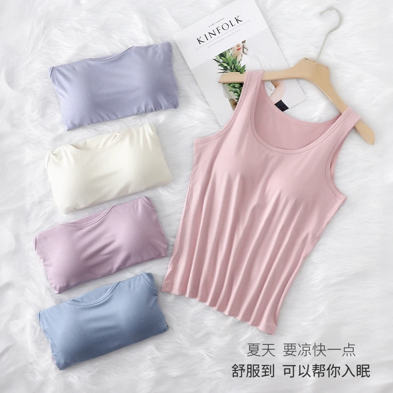 自带胸垫莫代尔棉睡衣女背心薄款夏季一体免文胸大码胖mm家居服