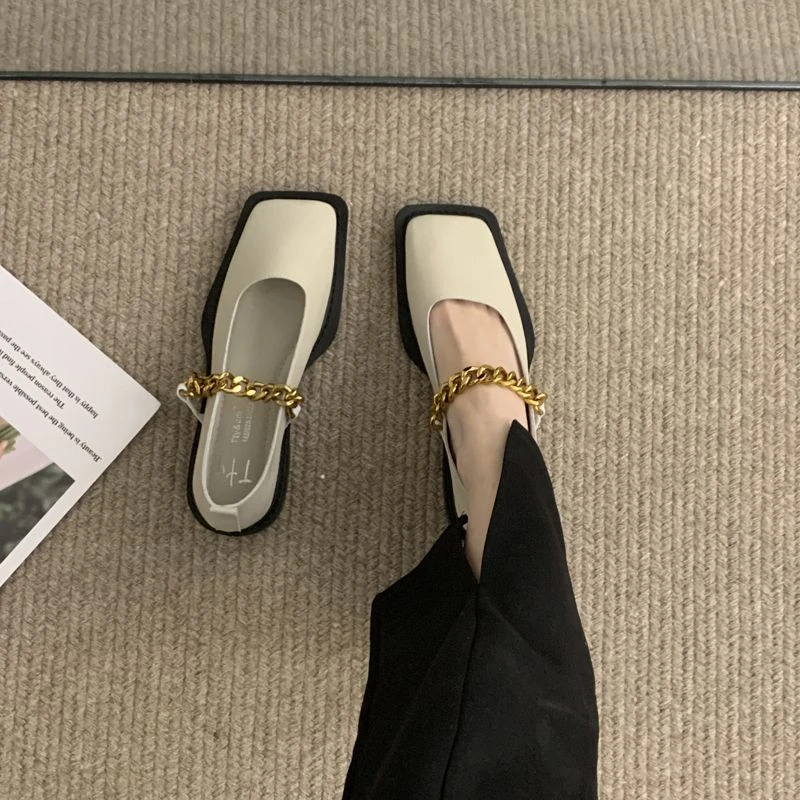 金属链条方头复古乐福鞋单女2023年新款英伦百搭玛丽珍小皮鞋女
