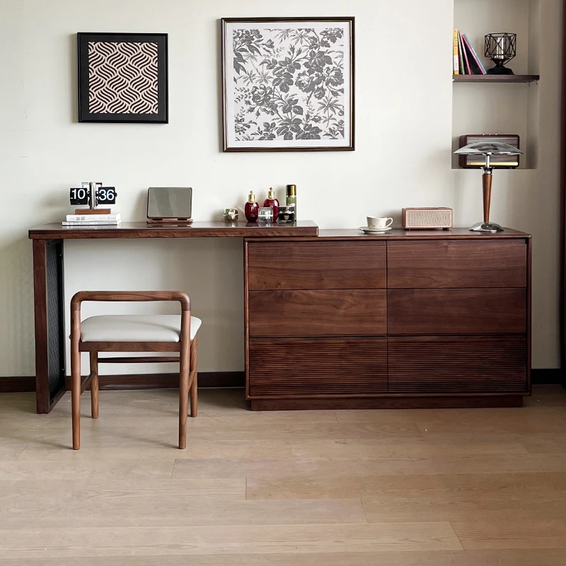 北美黑胡桃木梳妆台斗柜一体卧室收纳柜实木化妆桌伸缩书桌写字桌