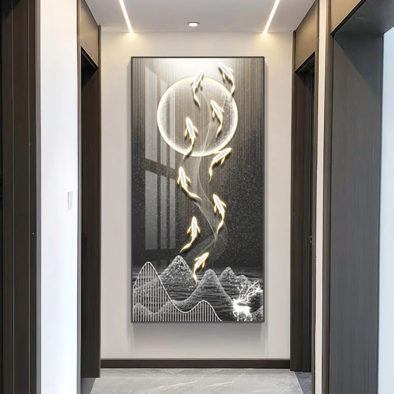 星空九鱼图玄关装饰画走廊过道进门入户玄关挂画简约晶瓷画X479-5