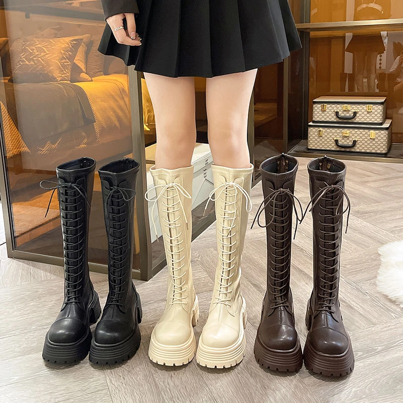 长筒靴女骑士靴2023年秋冬新款白色厚底长靴粗腿系带高筒马丁靴子