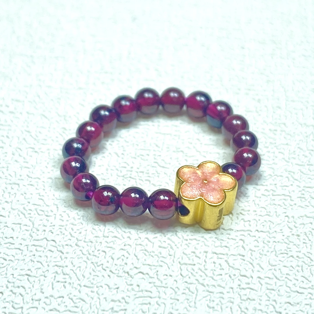 足金999一面烧蓝粉色一面素色小桃花/小樱花石 榴 石戒@@A105