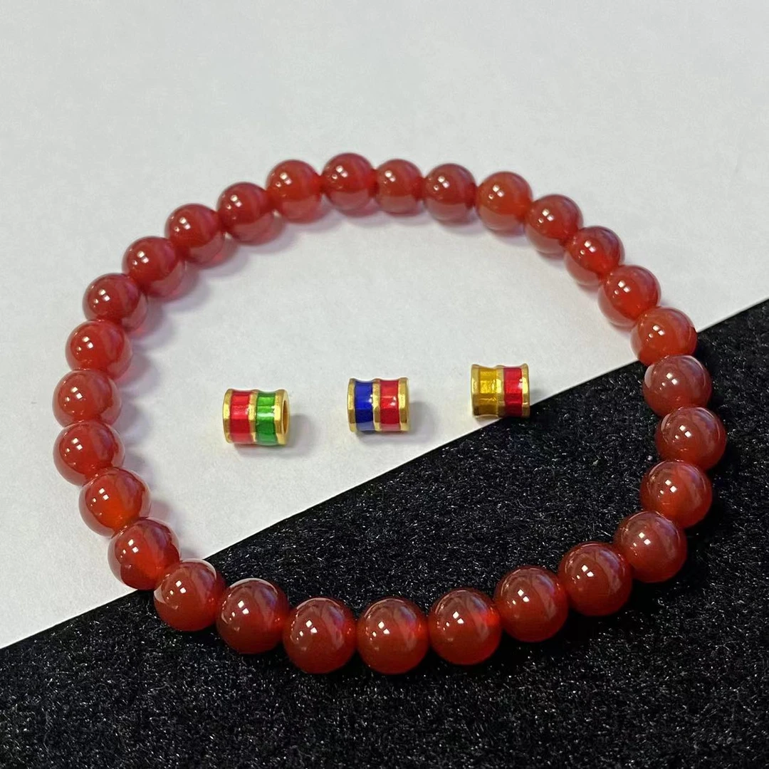 足金999烧蓝小蛮腰桶珠3件套搭红玛 瑙手串@@A127